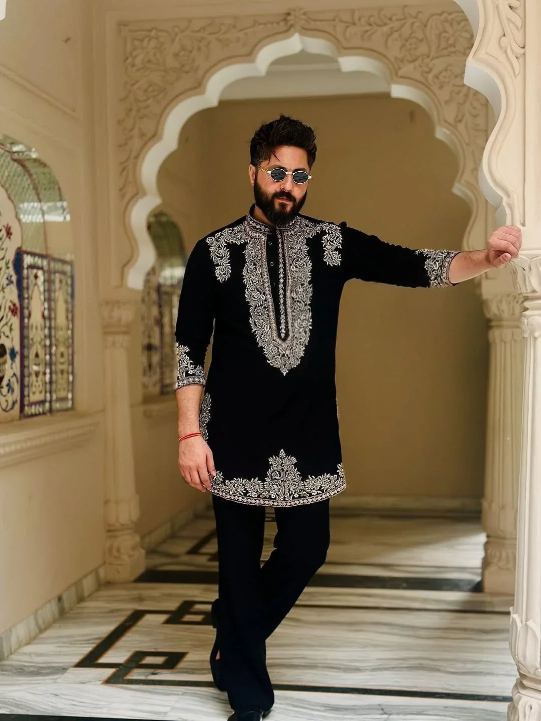 Black Armani Viscose Embroidered Kurta Set