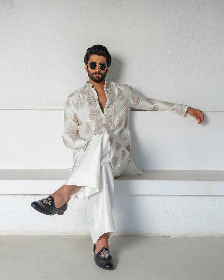 White Silk-Blend Embroidered Kurta Pant Set