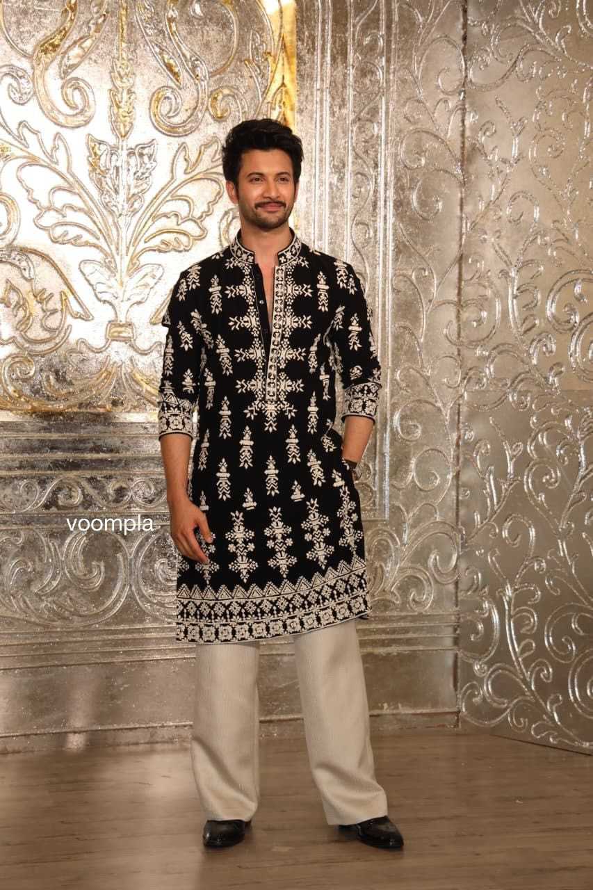 Black Velvet & Ivory Embroidered Kurta Pant Set