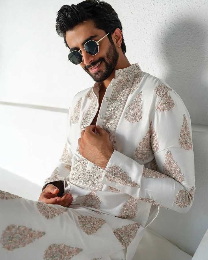 White Silk-Blend Embroidered Kurta Pant Set