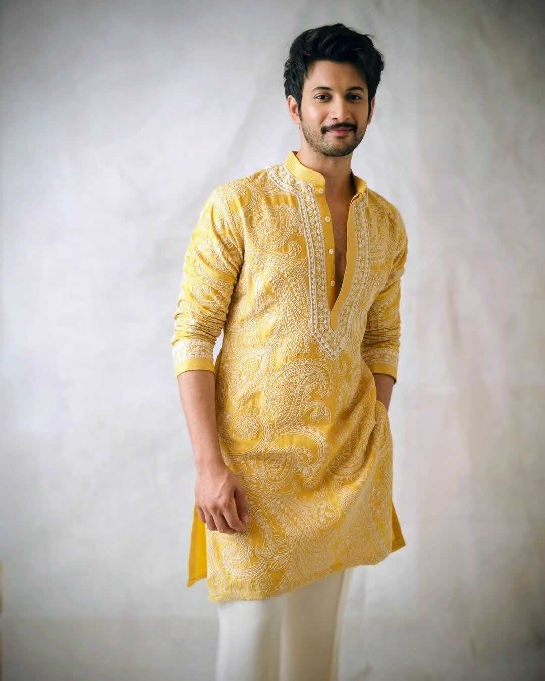 Mustard Yellow Chanderi Heavy Embroidered Kurta Pant Set