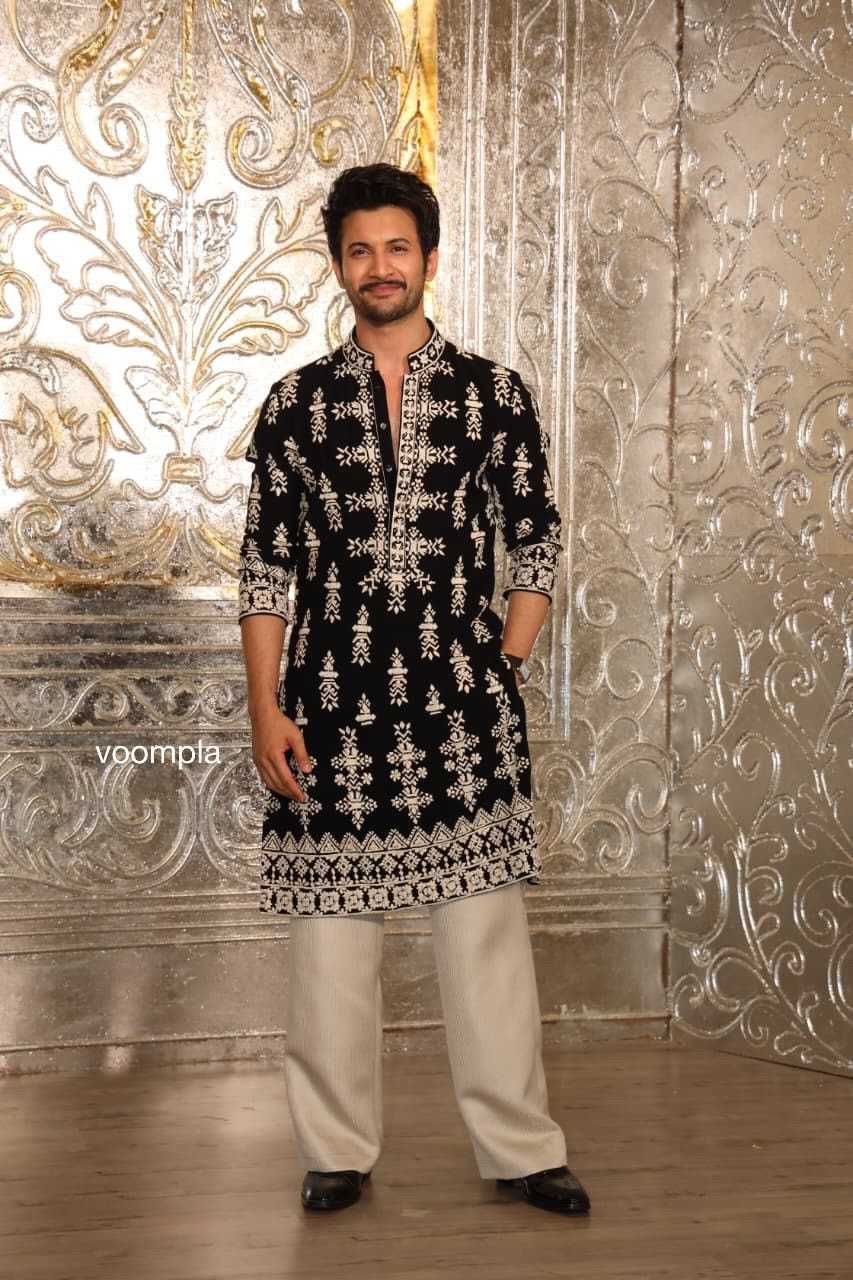 Black Velvet & Ivory Embroidered Kurta Pant Set