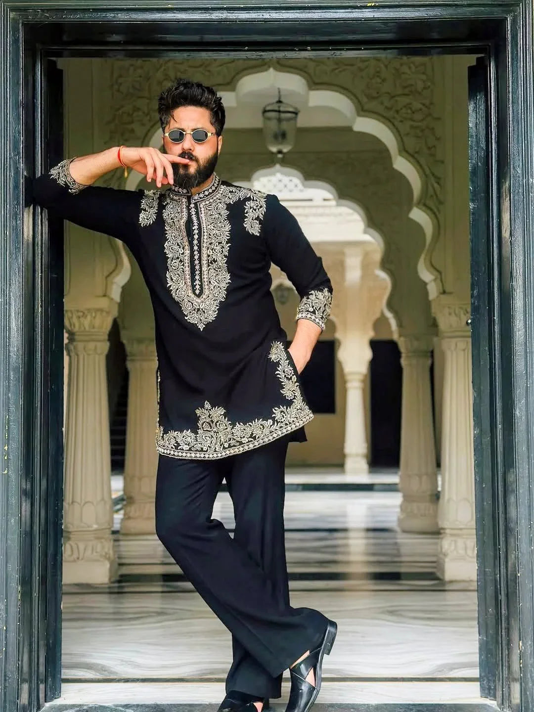 Black Armani Viscose Embroidered Kurta Set