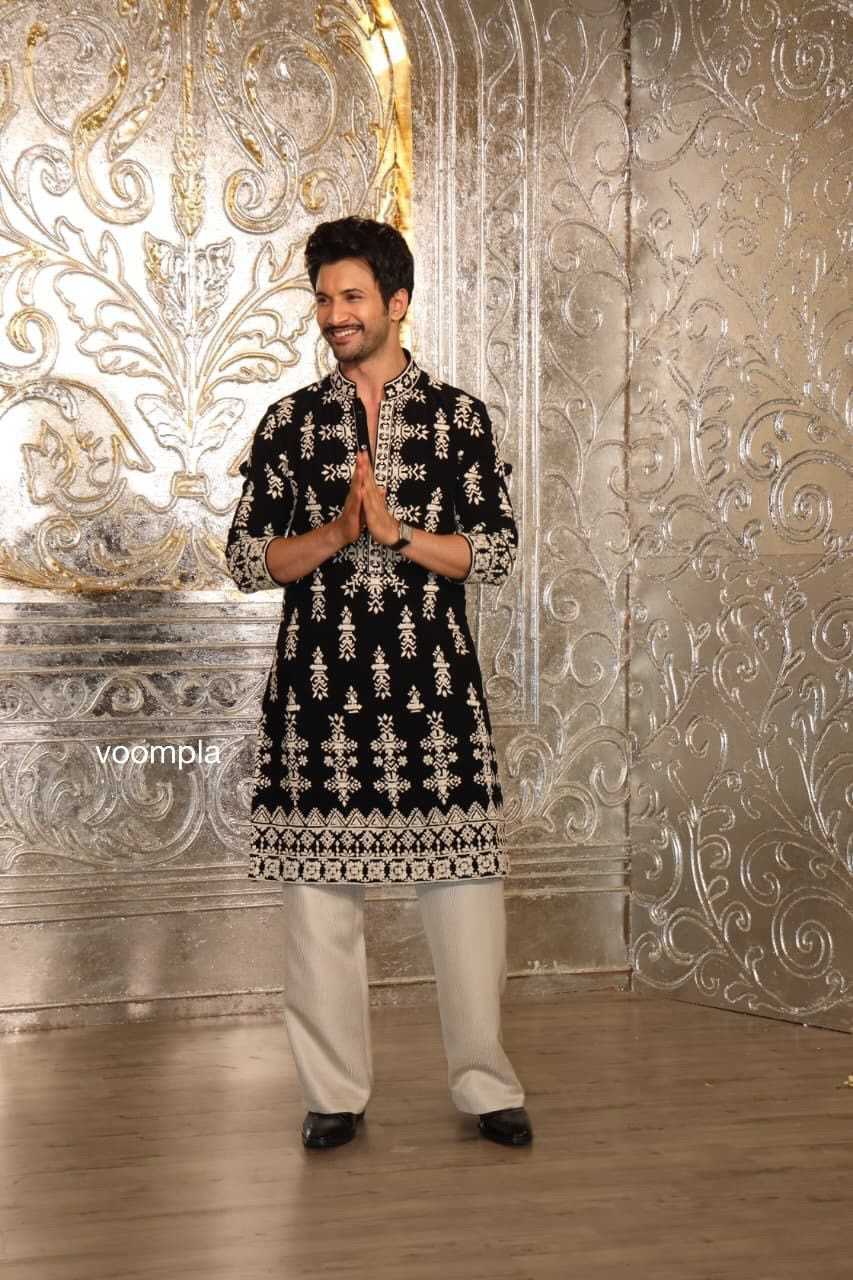 Black Velvet & Ivory Embroidered Kurta Pant Set