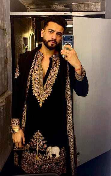 Elvish Yadav Inspired Black Armani Embroidered Kurta Pant with Dupatta