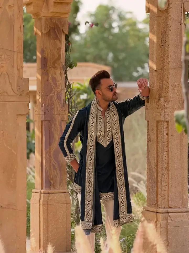 Navy Blue Kurta Pant with Matching Dupatta Set