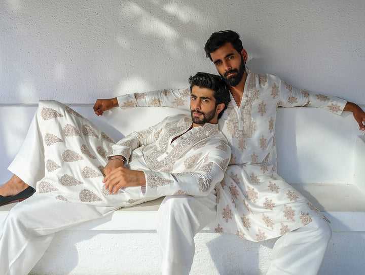 White Silk-Blend Embroidered Kurta Pant Set