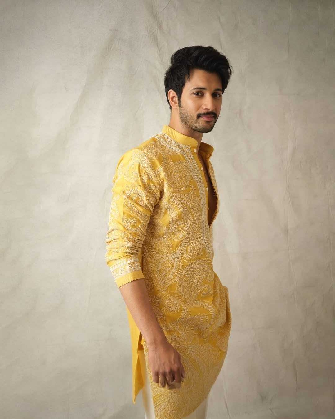 Mustard Yellow Chanderi Heavy Embroidered Kurta Pant Set