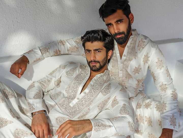 White Silk-Blend Embroidered Kurta Pant Set