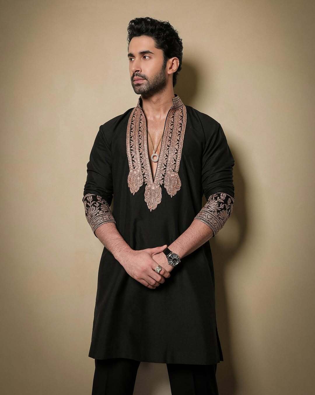 Black & Gold Tilla Placket Kurta Pant Set