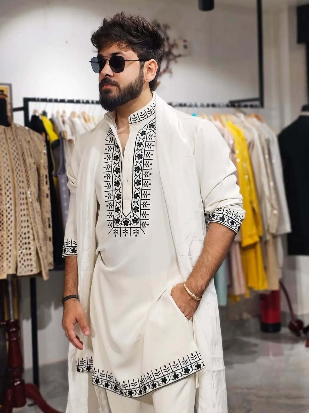 Off-White & Black Hand Embroidered Designer Kurta