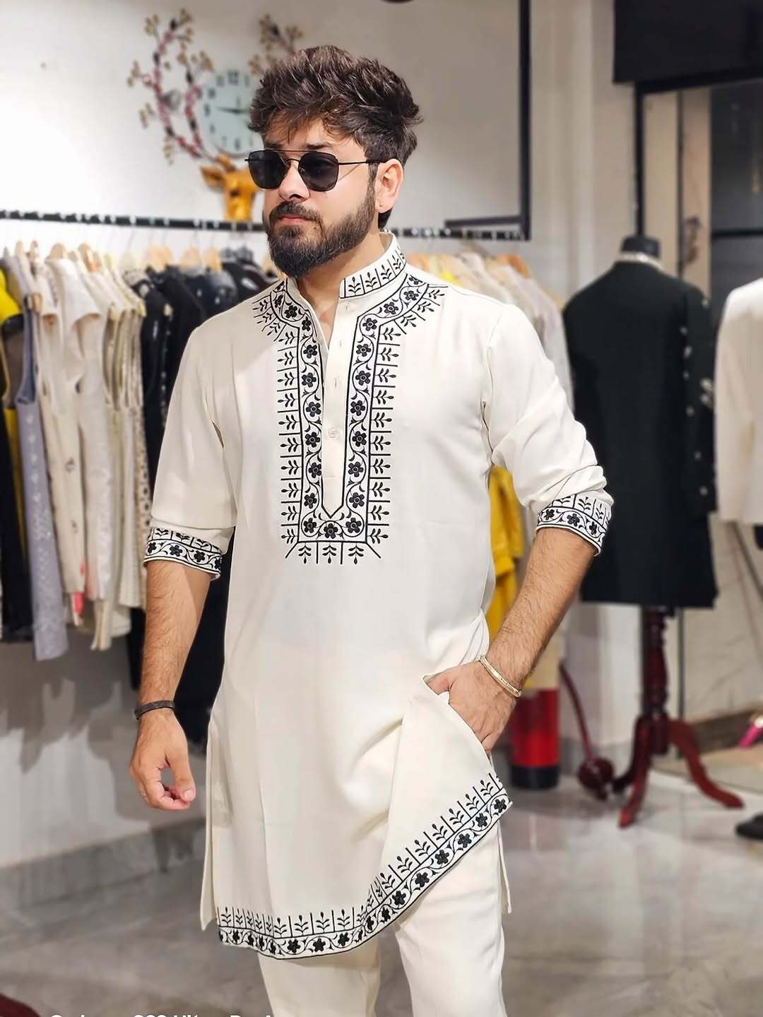 Off-White & Black Hand Embroidered Designer Kurta