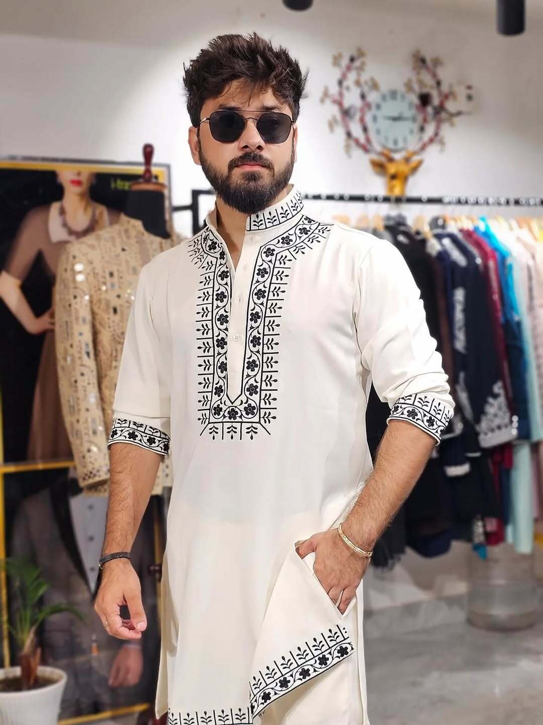 Off-White & Black Hand Embroidered Designer Kurta