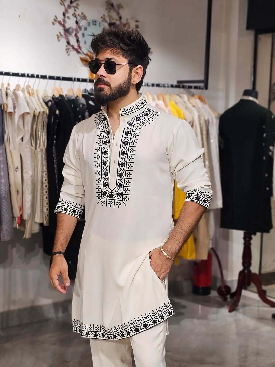Off-White & Black Hand Embroidered Designer Kurta