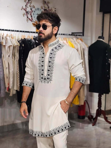 Off-White & Black Hand Embroidered Designer Kurta