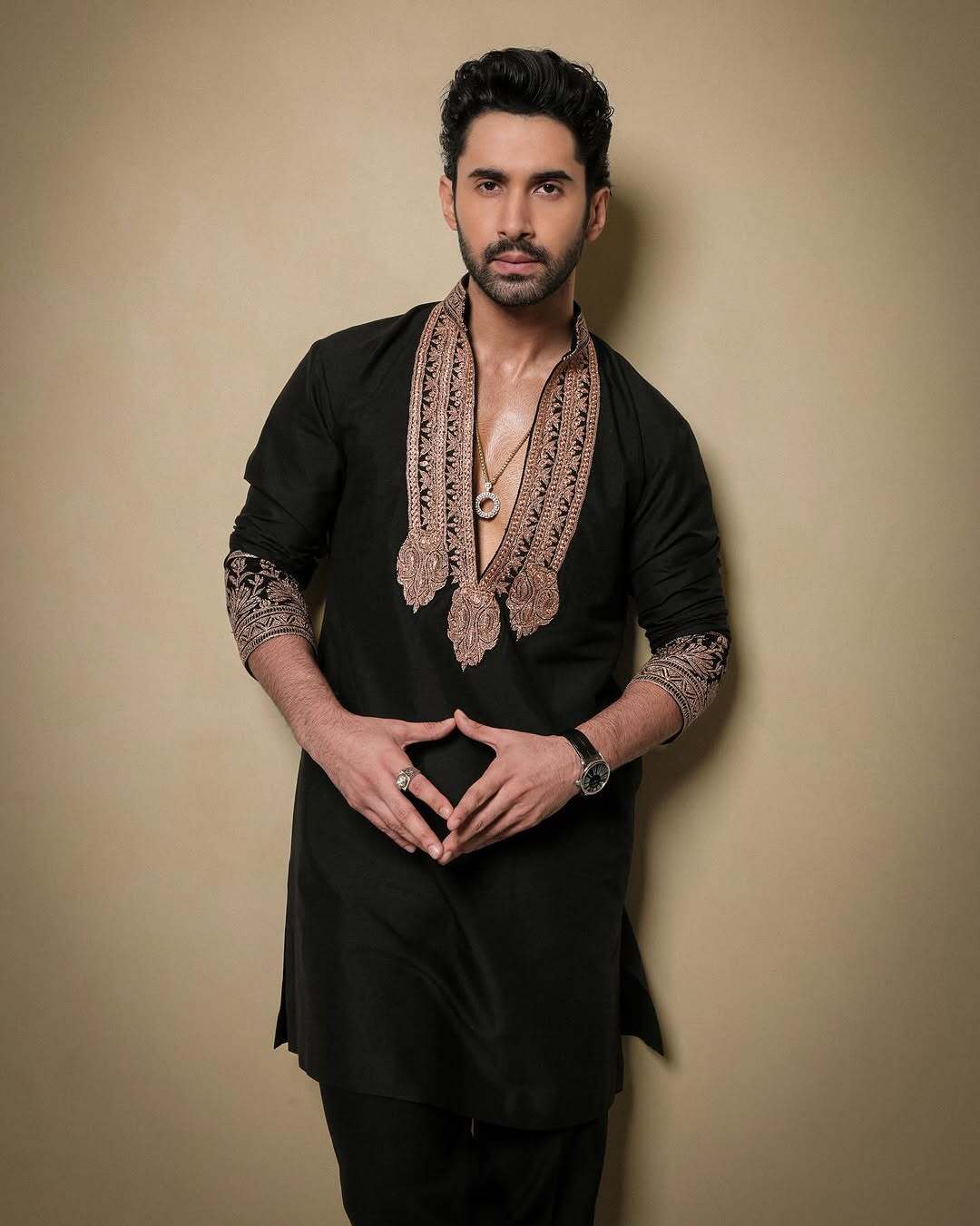Black & Gold Tilla Placket Kurta Pant Set