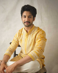 Mustard Yellow Chanderi Heavy Embroidered Kurta Pant Set