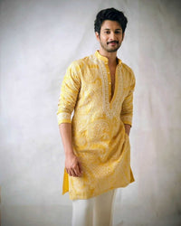 Mustard Yellow Chanderi Heavy Embroidered Kurta Pant Set