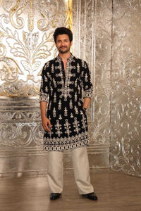 Black Velvet & Ivory Embroidered Kurta Pant Set (Manish Malhotra Inspired)