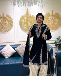 Regal Black Silk Embroidered Kurta Pajama with Dupatta Set