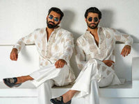 White Silk-Blend Embroidered Kurta Pant Set