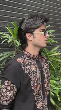 Men's Black Kurta Set with V-Neck Thread Work Embroidery