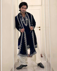 Regal Black Silk Embroidered Kurta Pajama with Dupatta Set