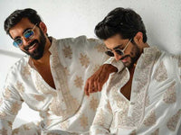 White Silk-Blend Embroidered Kurta Pant Set