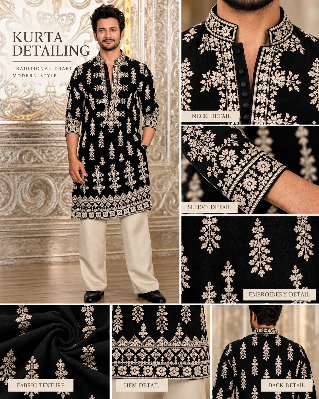 Black Velvet & Ivory Embroidered Kurta Pant Set