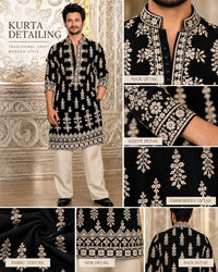 Black Velvet & Ivory Embroidered Kurta Pant Set