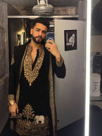 Elvish Yadav Inspired Black Armani Embroidered Kurta Pant with Dupatta