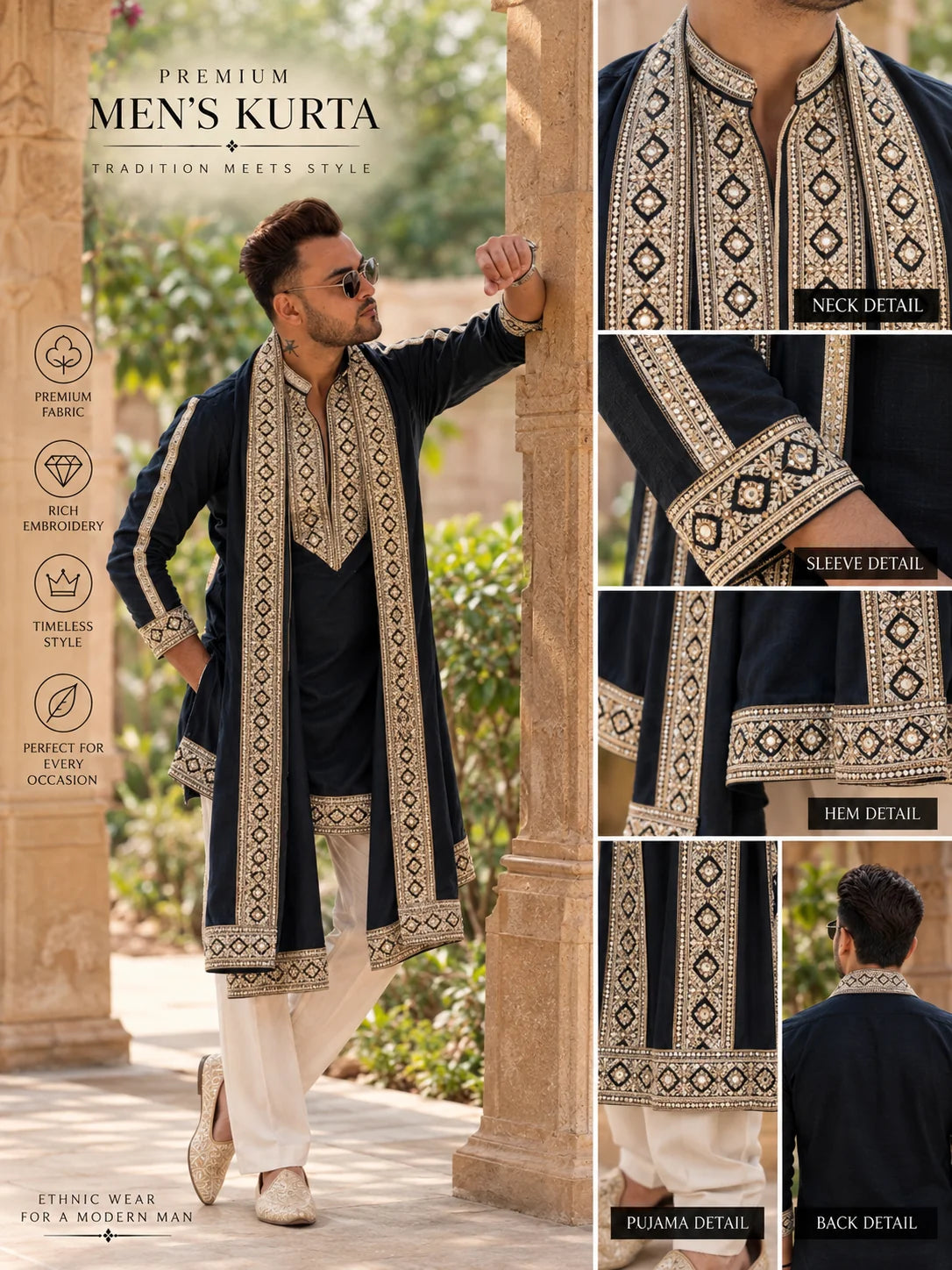 Navy Blue Kurta Pant with Matching Dupatta Set