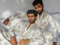 White Silk-Blend Embroidered Kurta Pant Set