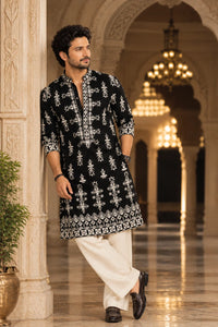 Black Velvet & Ivory Embroidered Kurta Pant Set