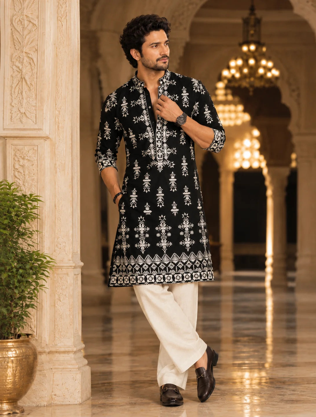 Black Velvet & Ivory Embroidered Kurta Pant Set
