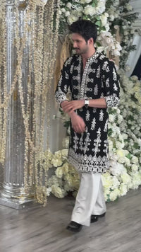 Black Velvet & Ivory Embroidered Kurta Pant Set