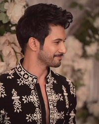 Black Velvet & Ivory Embroidered Kurta Pant Set