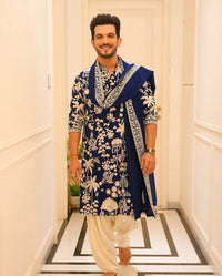 Arjun Bijlani Inspired Navy Blue Heavy Embroidered Kurta Set with Dupatta