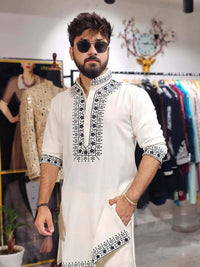 Off-White & Black Hand Embroidered Designer Kurta