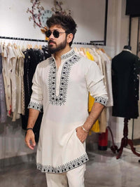 Off-White & Black Hand Embroidered Designer Kurta